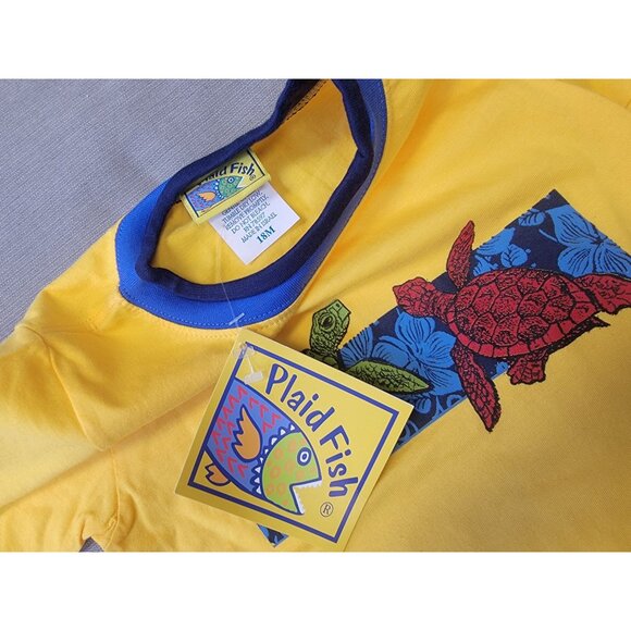 Plaid Fish Toddler T-Shirt With Turtle Print Yellow & Blue 100% Cotton Unisex Sh - Picture 4 of 5
